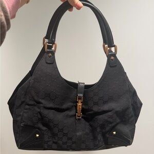 Gucci Black GG Canvas Shoulder Bag with Gold-Tone Hardware